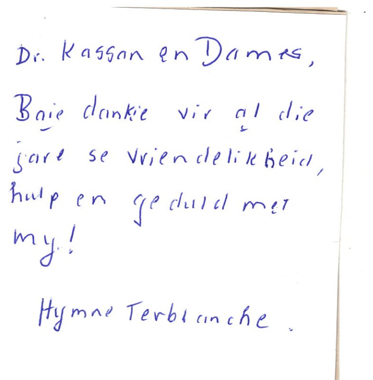 Handwritten patient review for Dr Ashwin Kassan from Hymne Terblanche
